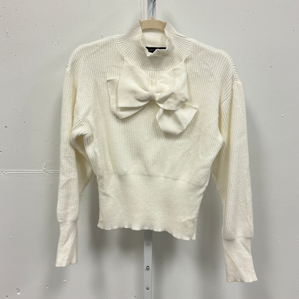 Sara Navon Bow Detail Ribbed Mock Neck Sweater Oversized Med White Contemporary‎